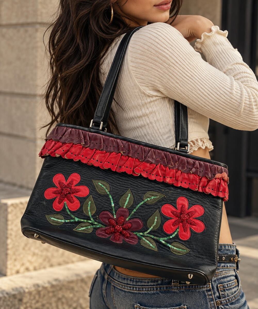 Isabella Fiore Black Leather Floral Tote Bag Ruffle Sequin Y2K Boho Purse
